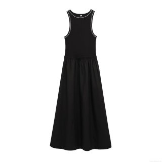 Women Elegant Ribbed Knit Patchwork Sleeveless Maxi Dress Slim Fit A-Line Long Dress With Contrast Piping For Party Daily Summer