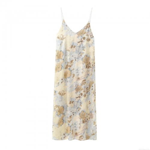 Women's Elegant V Neck Spaghetti Strap Maxi Dress Satin Texture Abstract Marble Print Sleeveless Summer Party Vacation Long Dress