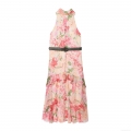 Women's Chiffon Halter Sleeveless Floral Printed Maxi Dress With Belt Tiered Layered Standing Collar Bow Tie Dress For Party Vacation