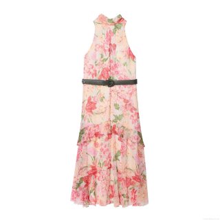 Women's Chiffon Halter Sleeveless Floral Printed Maxi Dress With Belt Tiered Layered Standing Collar Bow Tie Dress For Party Vacation