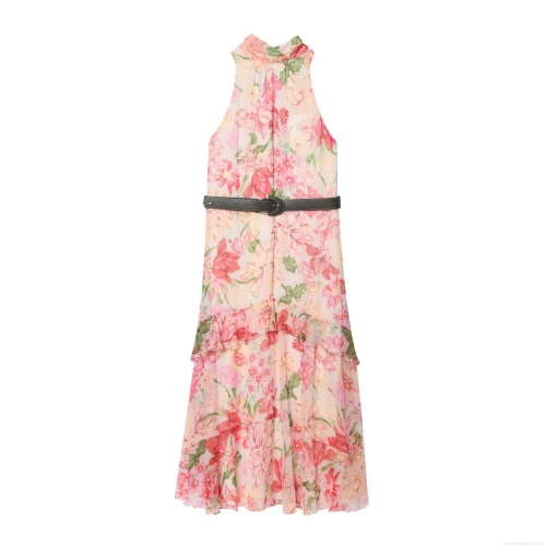 Women's Chiffon Halter Sleeveless Floral Printed Maxi Dress With Belt Tiered Layered Standing Collar Bow Tie Dress For Party Vacation