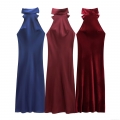 Women Halter Neck Satin Maxi Dress Elegant Bow Backless Solid Color Sleek Party Evening Banquet Long Dress For Women Socialite Style Sexy Occasion Gown