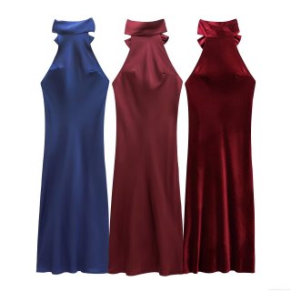 Women Halter Neck Satin Maxi Dress Elegant Bow Backless Solid Color Sleek Party Evening Banquet Long Dress For Women Socialite Style Sexy Occasion Gown