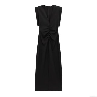 Women's Elegant V-Neck Ruched Maxi Dress Polyester Korean Velvet Sleeveless Slim Fit Party Evening Long Dress For Women Celebrity Style