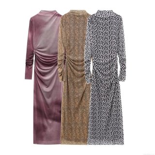 Women's Elegant Ruched Mesh Maxi Dress Long Sleeve Turtleneck Bodycon Party Dress With Gradient Polka Dot And Snake Skin Print Patterns