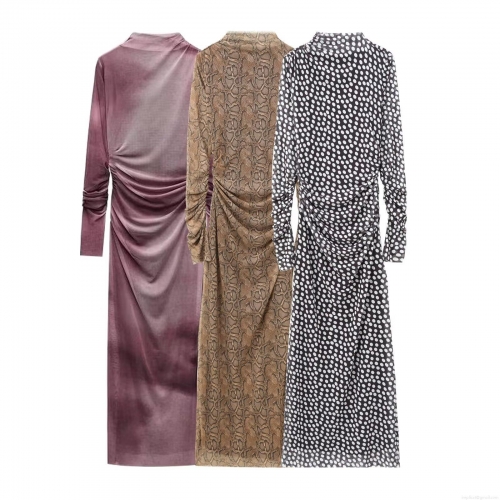 Women's Elegant Ruched Mesh Maxi Dress Long Sleeve Turtleneck Bodycon Party Dress With Gradient Polka Dot And Snake Skin Print Patterns