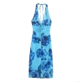 Women's Sexy Halter Neck Backless Slit Maxi Dress Blue Floral Print Chiffon Sleeveless Vacation Elegant Long Flowy Sundress Party Evening Wear