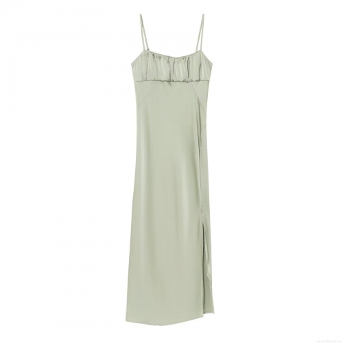Women Cowl Neck Satin Slip Maxi Dress Acetate Side Slit Backless Elegant Slim Fit Long Dress For Evening Party Club Sage Green