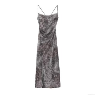 Women Snake Skin Print Slip Maxi Dress Elegant Sleeveless Chiffon Draped Neck Side Slit Evening Party Club Long Dress
