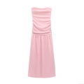 Women Strapless Ruched Maxi Dress Elegant Sleeveless Tube Top Pleated Evening Party Long Dress Solid Pink Sexy Backless Formal Gown For Social Events Prom Summer Vacation