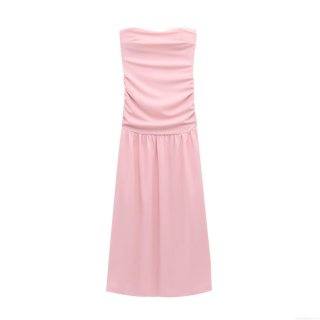 Women Strapless Ruched Maxi Dress Elegant Sleeveless Tube Top Pleated Evening Party Long Dress Solid Pink Sexy Backless Formal Gown For Social Events Prom Summer Vacation