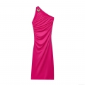 Women's Elegant One Shoulder Maxi Dress Sexy Ruched Side Bodycon Evening Party Dress With Gold Metal Buckle Asymmetrical Fuchsia Satin Finish Cocktail Banquet Gown