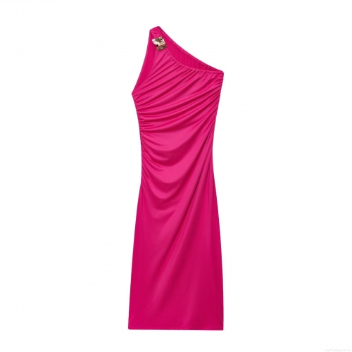 Women's Elegant One Shoulder Maxi Dress Sexy Ruched Side Bodycon Evening Party Dress With Gold Metal Buckle Asymmetrical Fuchsia Satin Finish Cocktail Banquet Gown