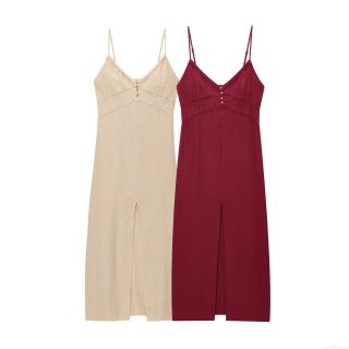 Women's V Neck Cotton Linen Blend Camisole Midi Dress Summer Casual Vacation Lace Trim Single Breasted Front Slit Sleeveless Long Dress