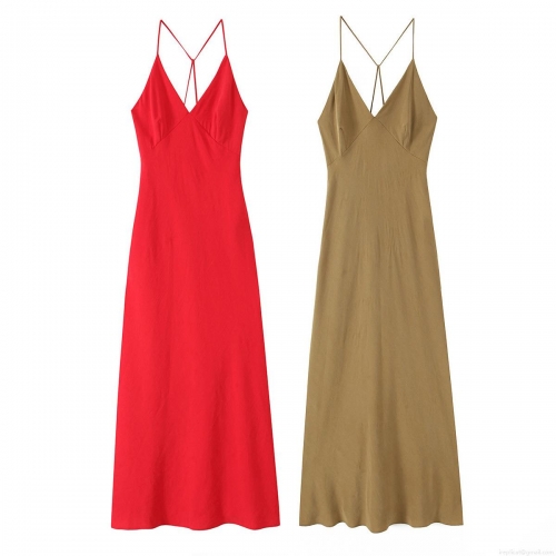 Sexy Spaghetti Strap Maxi Dress Women's V Neck Backless Crisscross Satin Polyester Long Dress Elegant Party Evening Cocktail Banquet Summer Socialite Dress