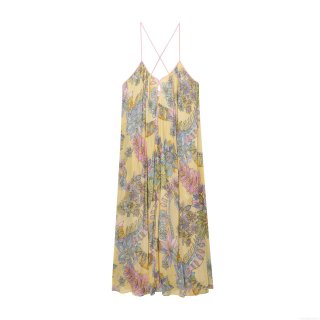 Bohemian Floral Print Camisole Maxi Dress Chiffon V Neck Backless Cross Strap Summer Beach Vacation Dress For Women