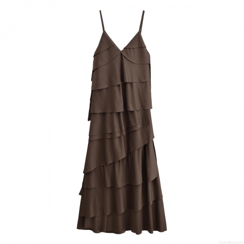 Women Tiered Maxi Dress Polyester Sleeveless V-Neck Cami Sling Long Dress For Summer Vacation Elegant Solid Color Layered Ruffle Cake Skirt Ladies Clothing