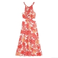 Women's Sexy Halter Backless Maxi Dress Floral Print Cutout Waist V-Neck Summer Vacation A-Line Elegant Long Dresses