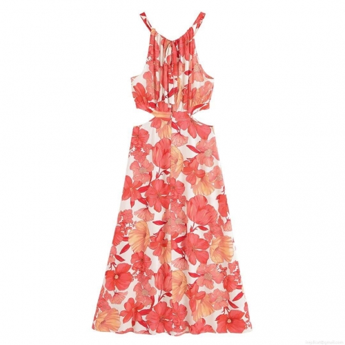 Women's Sexy Halter Backless Maxi Dress Floral Print Cutout Waist V-Neck Summer Vacation A-Line Elegant Long Dresses