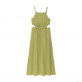 Women's Elegant Solid Matcha Green Maxi Dress Halter Spaghetti Strap Waist Cutout Pleated Imitation Linen Dress For Summer Vacation Beach Party