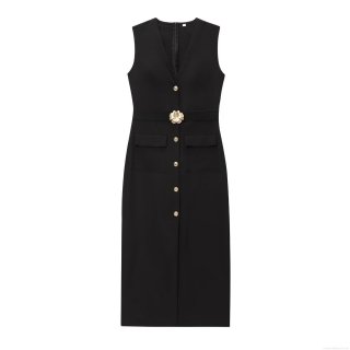 Women's Sleeveless V-Neck Maxi Dress With Gold Flower Buckle Belt And Lion Head Buttons Elegant Black Crepe Slim Fit Long Party Cocktail Dresses