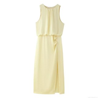 Women's Elegant Round Neck Sleeveless Maxi Dress 100% Polyester Satin Texture Ruched Pleated High Slit Slim Fit Solid Cream Yellow Long Dress For Party Dating Summer