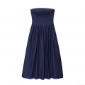 Elegant Strapless Pleated Maxi Dress For Women Solid Color Polyester Cotton Blend Party Evening Dress Navy Blue Tube Top A-Line Long Dress