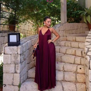 Women's Sexy Backless Satin Halter V-Neck Maxi Dress Elegant Pleated A-Line Long Dress For Summer Vacation Party Banquet Celebrity Style Ladies