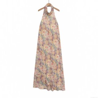 Women Sexy Halter Neck Backless Floral Maxi Dress Elegant Chiffon Sleeveless Bohemian Printed Long Dress For Summer Beach Vacation Party
