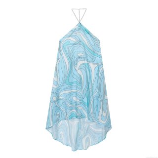 Women Sexy Halter Maxi Dress With Metal Chain Neck Blue White Marble Print Abstract Wave Sleeveless Backless Evening Party Summer Vacation Dress