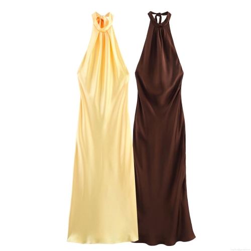 Women's Elegant Halter Neck Satin Maxi Dress Backless Pleated Silk Texture Evening Party Long Dress Solid Color Sexy Sleeveless Dress