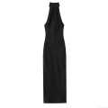 Elegant Halter Neck Backless Satin Maxi Dress For Women Sexy Sleeveless Bow Tie Evening Party Wedding Guest Celebrity Style Long Dress Black