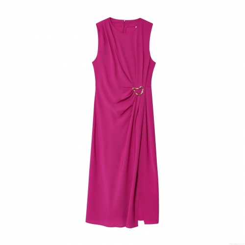 Elegant Fuchsia Rose Red Sleeveless Maxi Dress with Gold Metal Buckle Decoration and Side Pleats 100% Polyester Slim Fit Round Neck Banquet Formal Evening Party Bodycon Long Dress for Women
