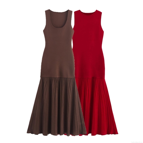 Women Sleeveless Knit Patchwork Maxi Dress Polyester U-Neck Slim Fit Pleated Hem Long Dress For Party Evening Elegant Celebrity Style