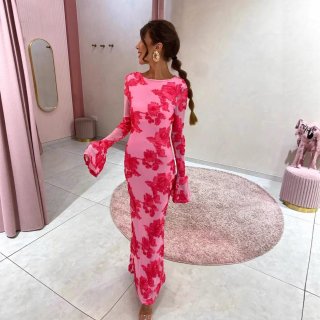 Women's Elegant 3D Flower Embroidery Maxi Dress Round Neck Bell Sleeve Bodycon Floor Length Mesh Polyester Slim Fit Evening Party Gown