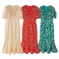 French Style Floral V-Neck Puff Sleeve Maxi Dress Elegant Ruffle Mermaid Hem Polyester Long Dress For Women Summer Vacation Party