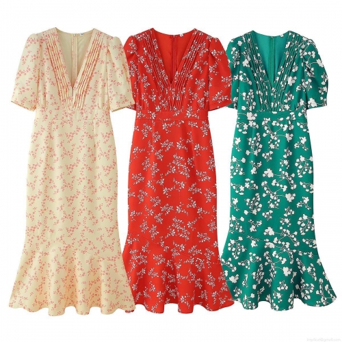 French Style Floral V-Neck Puff Sleeve Maxi Dress Elegant Ruffle Mermaid Hem Polyester Long Dress For Women Summer Vacation Party