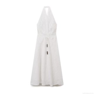 Women's Sexy Halter Backless Maxi Dress Elegant Cotton Blend Hollow Out Embroidery Dress With Wooden Beads V-Neck A-Line Summer Vacation Beach Dress