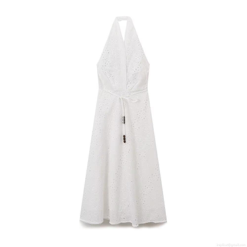 Women's Sexy Halter Backless Maxi Dress Elegant Cotton Blend Hollow Out Embroidery Dress With Wooden Beads V-Neck A-Line Summer Vacation Beach Dress