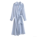 Elegant Blue White Striped Long Sleeve Shirt Dress For Women V Neck Tied Waist Casual Maxi Dress For Office Daily Wear