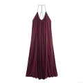 Elegant Women Sexy Backless Satin Maxi Dress Pleated V-Neck Spaghetti Strap Evening Party Long Slip Dress Polyester Silk Texture Slim Fit Burgundy