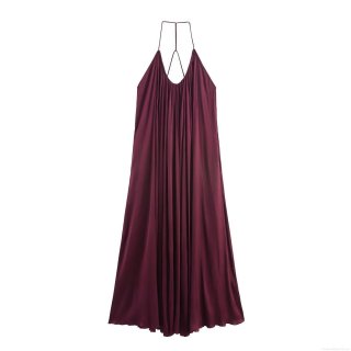 Elegant Women Sexy Backless Satin Maxi Dress Pleated V-Neck Spaghetti Strap Evening Party Long Slip Dress Polyester Silk Texture Slim Fit Burgundy