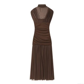 Women Elegant Coffee Mesh Splicing Ruched Maxi Dress Sleeveless Mock Neck Slim Fit Pleated Bodycon Long Dress For Party Club Night Out Summer Clothing