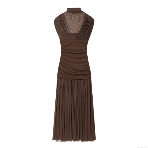 Women Elegant Coffee Mesh Splicing Ruched Maxi Dress Sleeveless Mock Neck Slim Fit Pleated Bodycon Long Dress For Party Club Night Out Summer Clothing