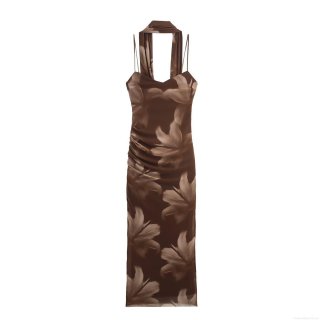 Elegant Women Brown Floral Print Mesh Maxi Dress Halter Neck Side Slit Slim Fit Sleeveless Party Clubwear Dress With Scarf Detail