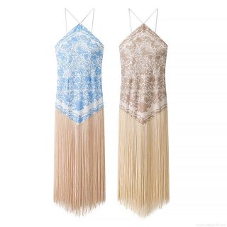 Women Halter V-Neck Floral Print Maxi Dress With Long Tassels Satin Bohemian Elegant Backless Party Vacation Summer Sleeveless Long Gown