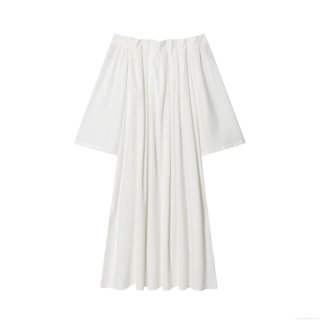 Women Elegant Off Shoulder Pleated Maxi Dress Solid White Polyester Fairy Style Flare Sleeve Long Dress For Party Vacation Beach