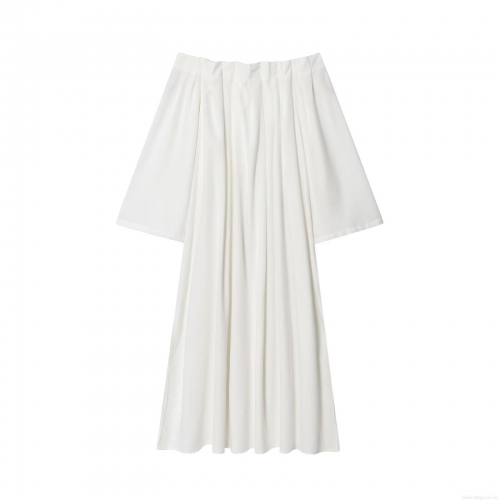 Women Elegant Off Shoulder Pleated Maxi Dress Solid White Polyester Fairy Style Flare Sleeve Long Dress For Party Vacation Beach