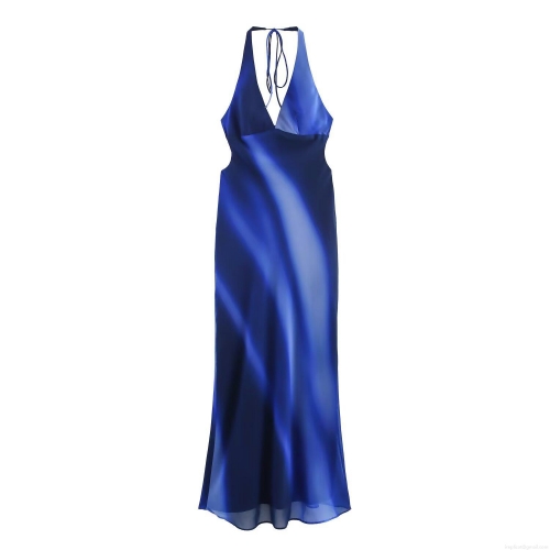 Women's Elegant Blue Gradient Halter Neck Maxi Dress Backless Chiffon Polyester Long Evening Party Dress For Summer Vacation Ladies