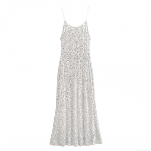 Women's Elegant Silver Sequin Maxi Dress Sexy Spaghetti Strap Sleeveless Slim Fit Evening Gown For Party Wedding Banquet Formal Occasions